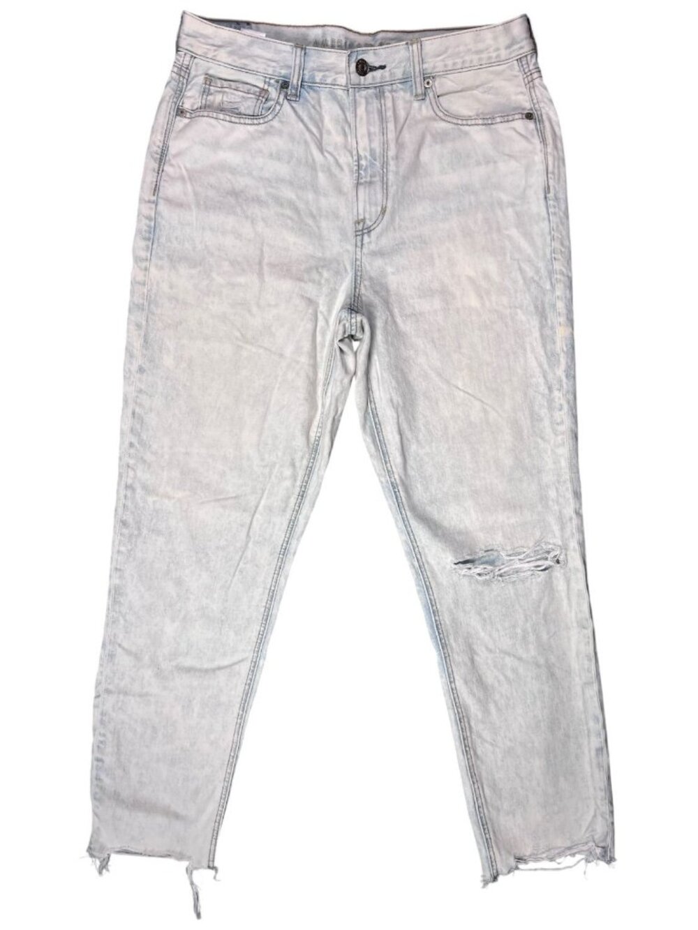 American Eagle Mom Jeans High Rise Light Acid Wash Distressed Frayed Hem 8